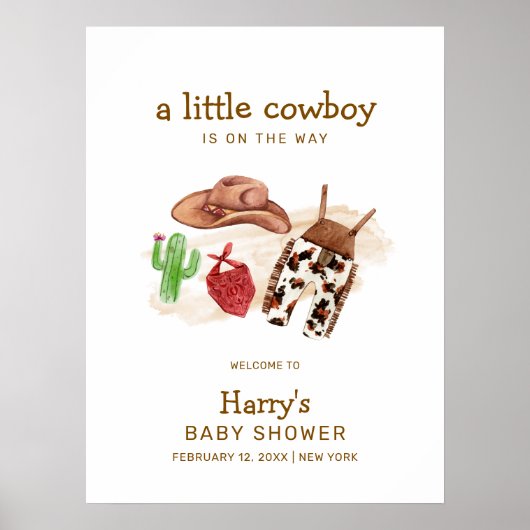 Poster Baby shower Western Cactus Cowboy moderne Bienvenu (Devant)