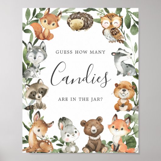 Poster Baby shower Woodland Devinez combien de bonbons (Devant)
