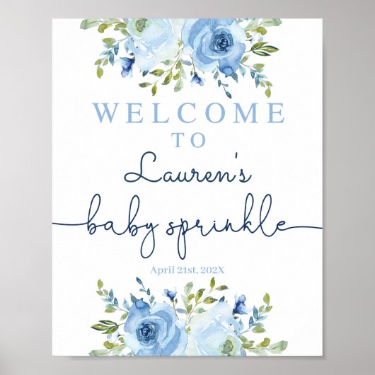 Poster Baby Sprinkle garçon signe d'accueil, bleu floral (Devant)