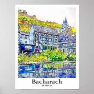 Poster Bacharach Allemagne Voyage Aquarelle main tirée
