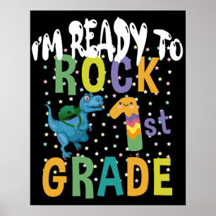 Poster Back to School I'm Ready To Rock 1st Grade Dino