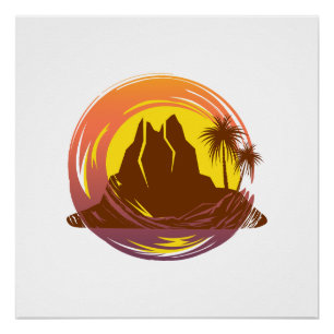 Poster Badge avec paysage volcanique tropical et palmiers