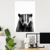 Poster Badger Woodland Modern Portrait noir blanc (Bureau à domicile)