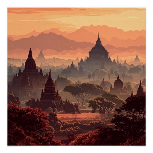 Poster Bagan Myanmar Temples Anciens Vintage (Devant)