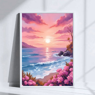 Poster Baie de Blush Beach Aquarelle rose de coucher de