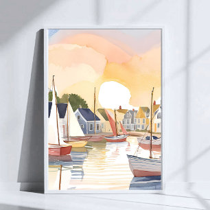 Poster Baie des bateaux Peinture aquarelle de l'océan c