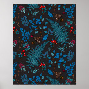 Poster Baies forestières, feuilles et boeufs 1