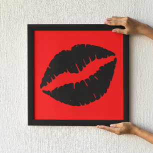 Poster Baiser au rouge à lèvres noir graphique sur fond r