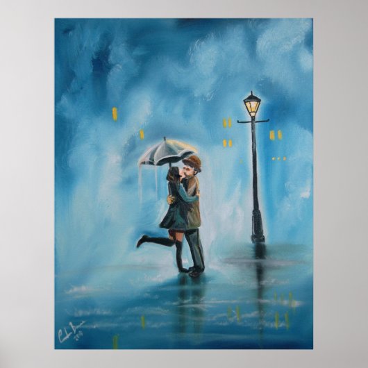 Poster Baiser couple pluie jour lampe parapluie (Devant)