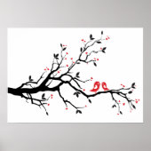 Poster Baiser oiseau sur branche d'arbre avec des feuille (Devant)