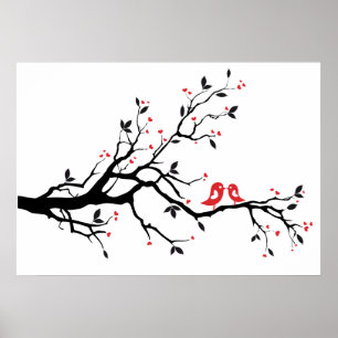 Poster Baiser oiseau sur branche d'arbre avec des feuille