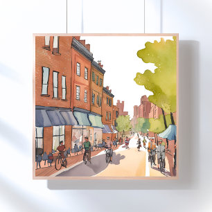 Poster Balade à vélo à Boston North End aquarelle MA