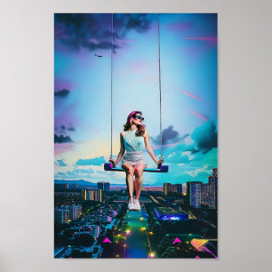 Poster Balade de la fille au-dessus de la ville Synthwave
