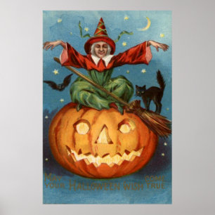 Poster Balai de sorcière Chat noir Citrouille d'Halloween