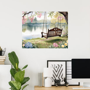 Poster Balançoire au bord du lac dans un jardin romantiqu