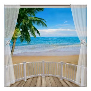 Poster Balcon avec vue sur la plage et l'océan