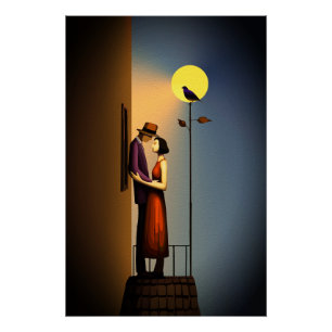 Poster Balcon Lune Romantique - Vintage Noir Love