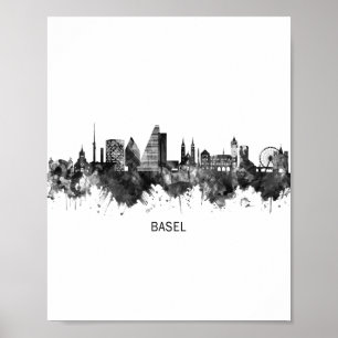 Poster Bâle Suisse Skyline BW
