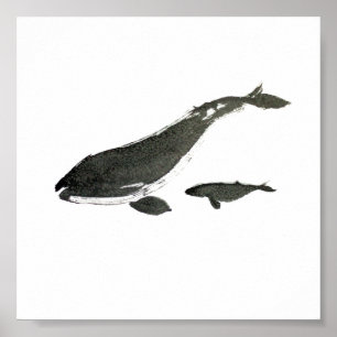 Poster Baleine grise maman et bébé peinture à l'encre sum