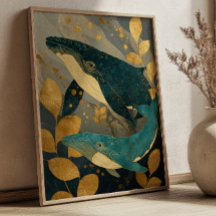 Baleine illustrée bleu marine et or Kintsugi Océan