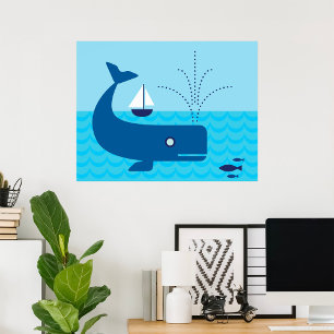 Poster Baleine nautique et voilier Mer bleue océanique