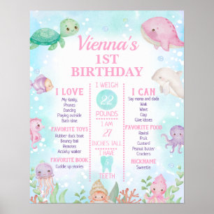 Poster Baleine rose sous la mer 1er anniversaire Jalon