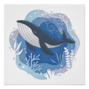 Poster Baleines et coraux en papier océanique Illustratio