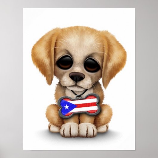 Poster Balise Chiot mignon avec Drapeau Portoricain, Blan (Devant)