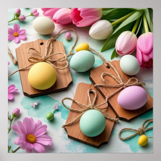 Poster Balises en bois rustique avec oeufs peints de Pâqu (Devant)