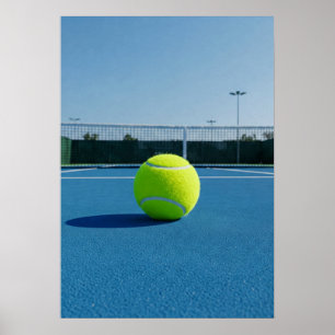 Poster Balle de tennis lumineuse sur vue de court bleu