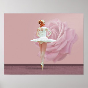 Poster Ballerina en blanc avec Rose rose