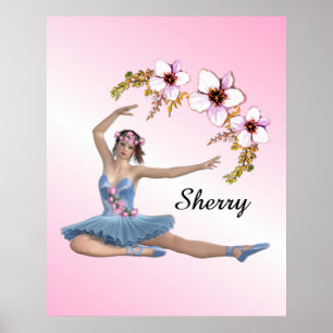 Poster Ballerina en bleu Nom personnel Accent rose