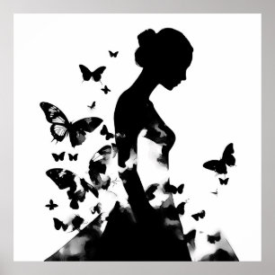 Poster Ballerina & Papillons Silhouette Noir & Blanc