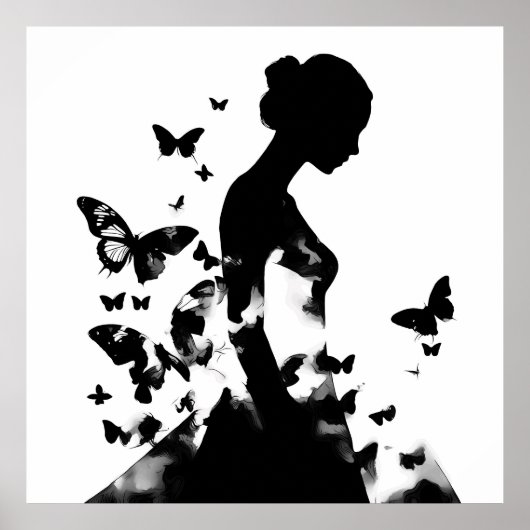 Poster Ballerina & Papillons Silhouette Noir & Blanc (Devant)