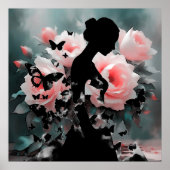 Poster Ballerine et papillons d'art éthéré Noir/Rose (Devant)