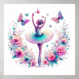 Poster Ballet, papillons et fleurs