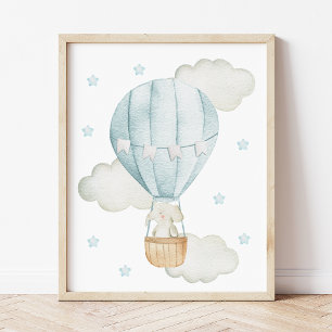 Poster Ballon à air chaud bleu, éléphant, étoiles, nurser