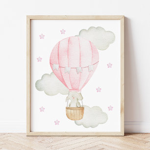 Poster Ballon à Air Chaud Rose, Éléphant, Étoile, Nurseri