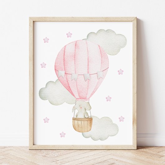 Poster Ballon à Air Chaud Rose, Éléphant, Étoile, Nursery