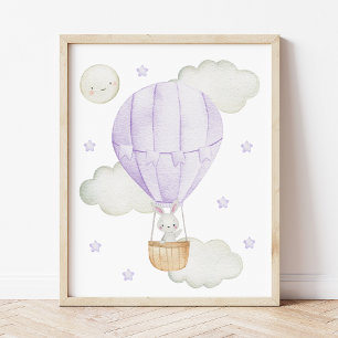 Poster Ballon à air chaud violet, Animaux, Lapin, Lune