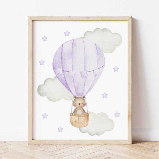 Poster Ballon à air chaud violet, Animaux, Ours, Étoiles