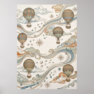 Poster Ballons à Air Chaud Vintage Boussole Voyage Art