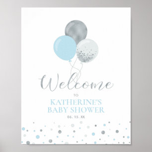 Poster Ballons Argentés et Bleus Bienvenue à la Baby Sh