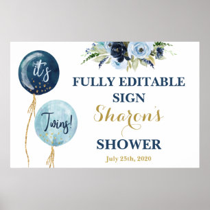 Poster Ballons bleu marine baby shower Jumeaux jumeaux