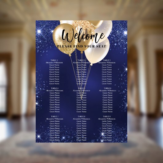 Poster Ballons bleu marine en or 9 tables