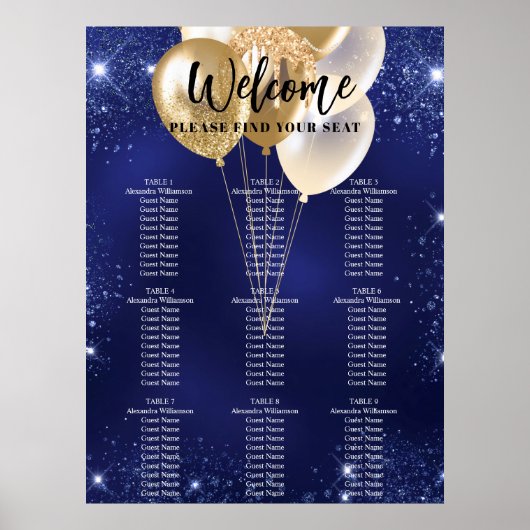 Poster Ballons bleu marine en or 9 tables (Devant)