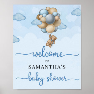 Poster Ballons brun bleu ours en peluche signe de bienven
