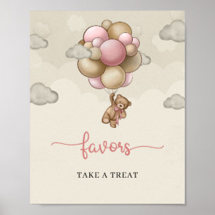 Poster Ballons brun rose pour bébé fille ours faveurs sig
