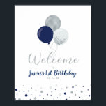 Poster Ballons d'argent et de marine | Accueil du garçon<br><div class="desc">Bienvenue à votre invité avec ce joli signe de bienvenue moderne fête d'anniversaire. Cette affiche est décorée de typographie et de ballons élégants avec des confettis en argent et bleu marine. Décor de fête parfait pour la fête d'anniversaire d'un garçon. Les invitations et les fournitures de fête correspondants sont disponibles...</div>