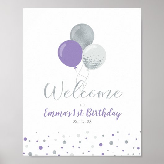 Poster Ballons d'argent et violet Fille 1er anniversaire  (Devant)